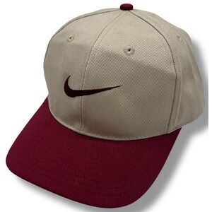 Vintage Nike Snapback Hat Tan Burgundy Swoosh Two Tone Cap H60407CCH Mens OSFA